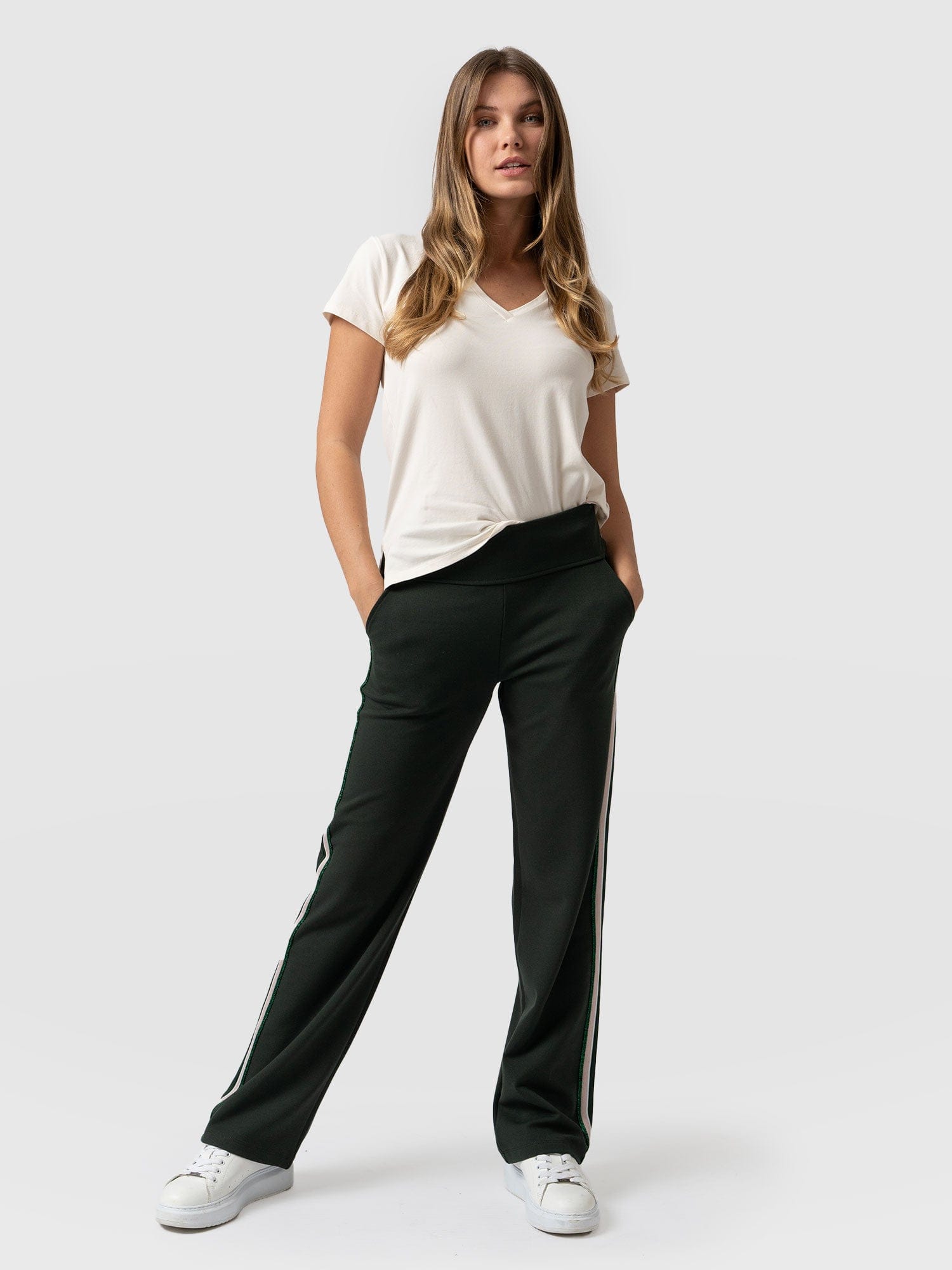 Runway Pant Bottle Green with Green/Pink Lurex Stripe - Women's Trousers | Saint + Sofia® UK